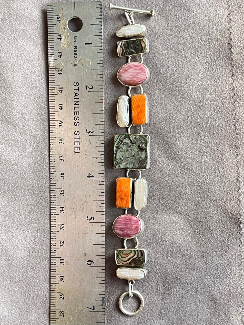 Vintage Sterling Silver Spiny Oyster Shell Abalone Biwa Pearl Layered Bracelet 7 - Picture 8 of 8